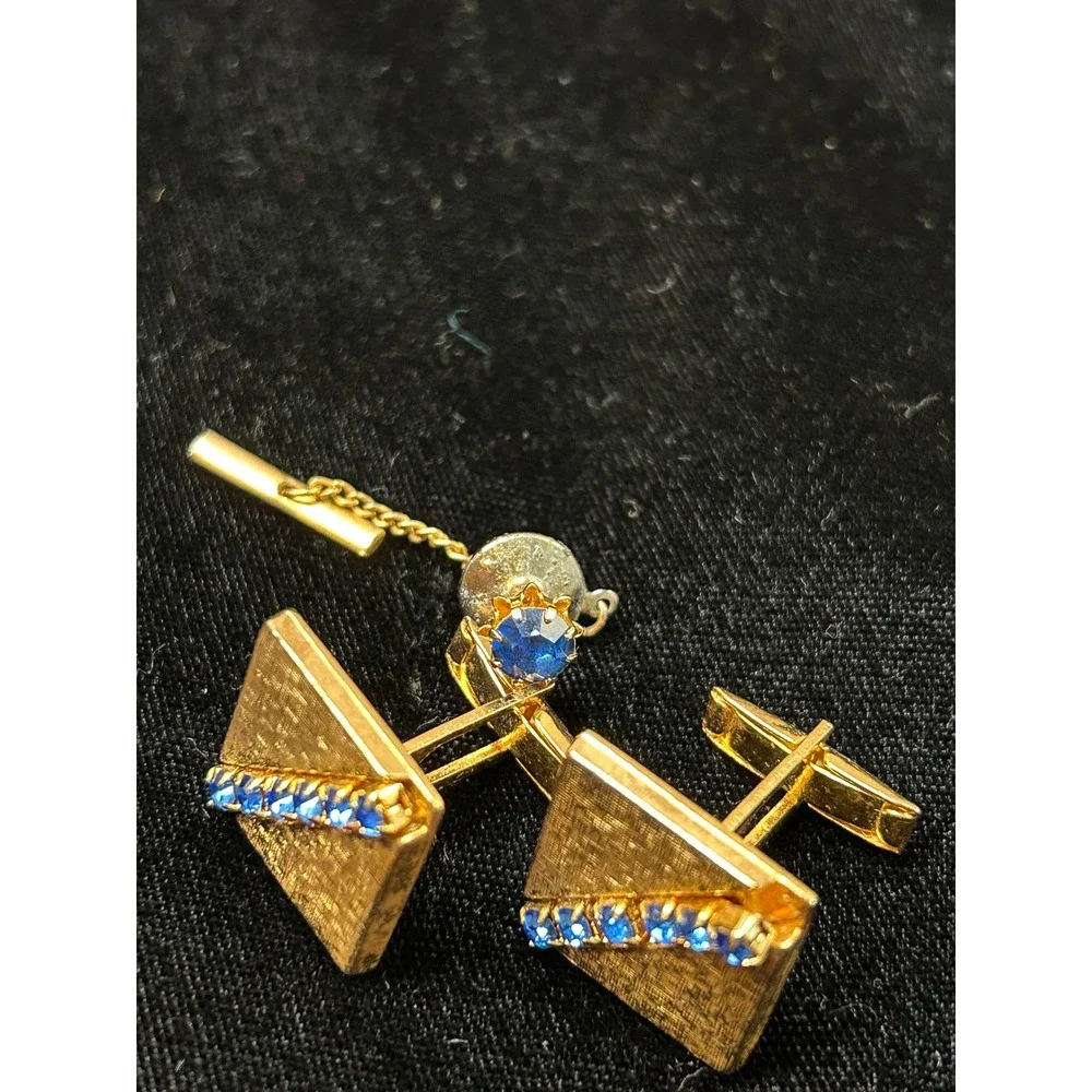 Vintage Gold Tone Textured Square Cufflinks and Tie Tack Set Blue Rhinestones